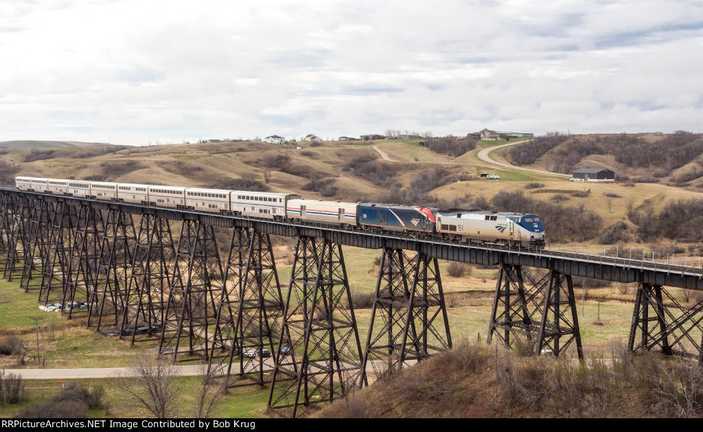 AMTK 151 leads the westbound Empire Builder across Gassman Coulee Trestle